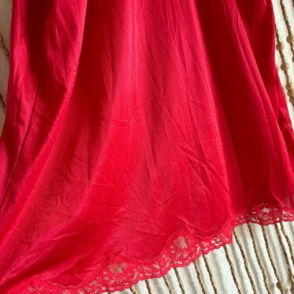 Vintage Red Lace Trim Silky Tank Slip Lingerie Dress - Picture 3 of 5